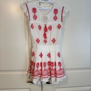 Guadalupe Embroidered Boho Diamond Floral Tassel Mini Dress Cream Pink Sz M
